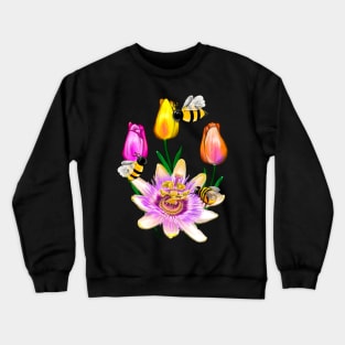 Bee themed gifts for women men and kids spring tulips Blue crown Passion plant pattern flower bumble bee - save the bees Crewneck Sweatshirt